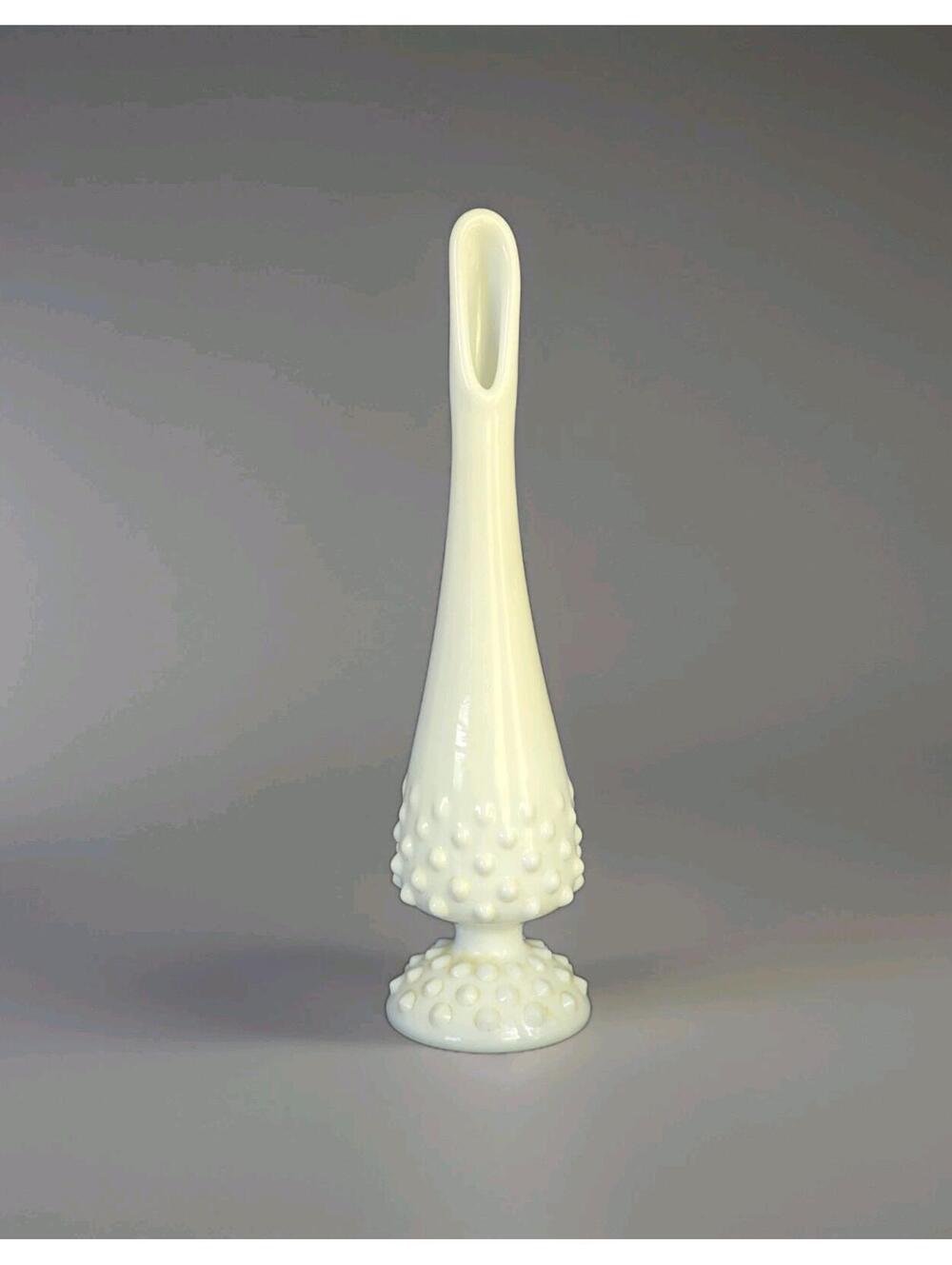 Vintage Fenton Hobnail Milk Glass Swung Bud Vase  9.75" Tall Mid-Century